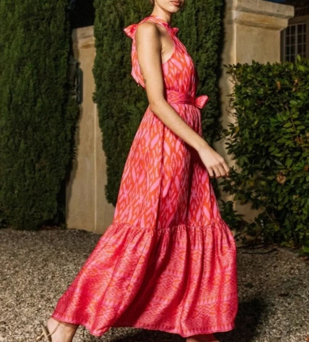 Cleobella Janice Ikat Print Halter Maxi Dress Fuchsia Pink Orange Small